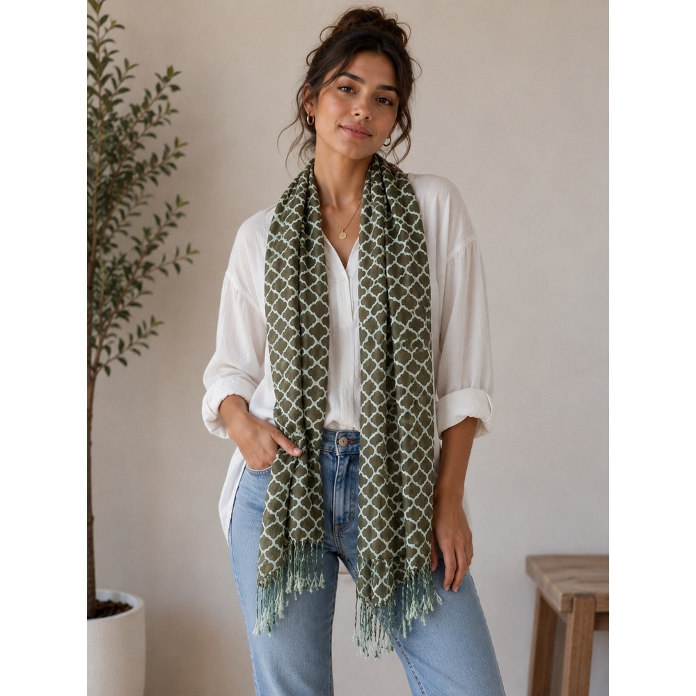 UNBRANDED Scarf Geometric Print Fringe Trim Womens OS Olive Green Boho Wrap